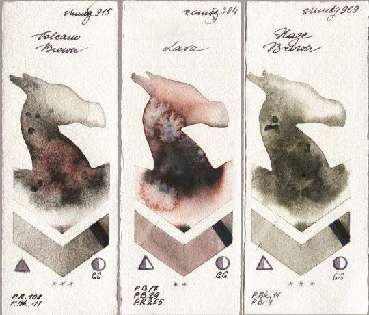 Shminke Horadam Aquarell 915 Volcano Brown vs Roman Szmal Aquarius 384 Lava vs 969 Haze Brown watercolor swatch