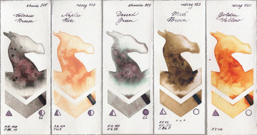 Shminke Horadam Aquarell 915 Volcano Brown vs Rosa Gallery 748 Naples Rose vs 924 Desert Green vs 723 Mars Brown vs 730 Golden Yellow watercolor swatch