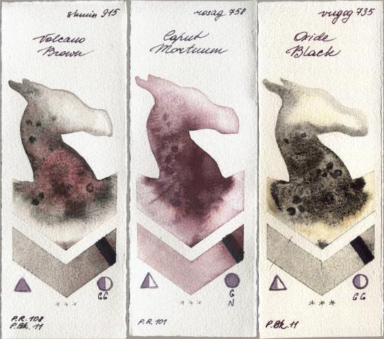 Shminke Horadam Aquarell 915 Volcano Brown vs Rosa Gallery 758 Caput Mortuum vs Royal Talens Van Gogh Watercolour 735 Oxide Black watercolor swatch