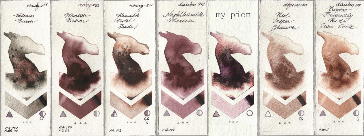 Shminke Horadam Aquarell 915 Volcano Brown, Rosa Gallery 763 Maroon Brown, Roman Szmal Aquarius 248 Hematite (Violet Shade), Daniel Smith 059 Naphthamide Maroon, my 191 piem, 240 Red Jasper Genuine, 177 Enviro-Friendly Red Iron Oxi watercolor swatch