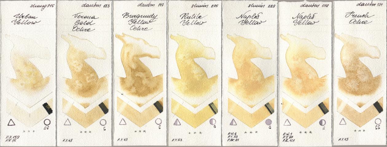 Shminke Horadam Aquarell 916 Urban Yellow, Daniel Smith 123 Verona Gold Ochre, 147 Burgundy Yellow Ochre, 205 Rutile Yellow, 229 Naples Yellow, 058 Naples Yellow, 134 French Och watercolor swatch