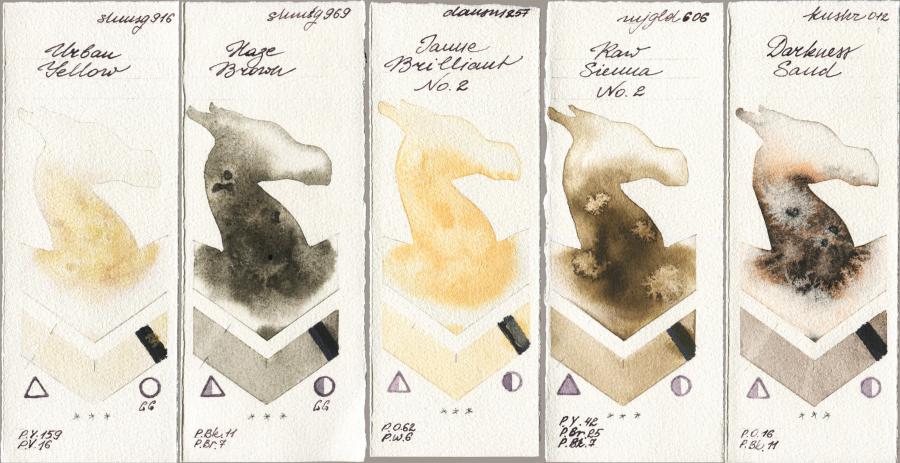 Shminke Horadam Aquarell 916 Urban Yellow vs 969 Haze Brown vs Daniel Smith 257 Jaune Brilliant No 2 vs Mijello Mission Gold 606 Raw Sienna No 2 vs Kusakabe 012 Darkness Sand watercolor swatch