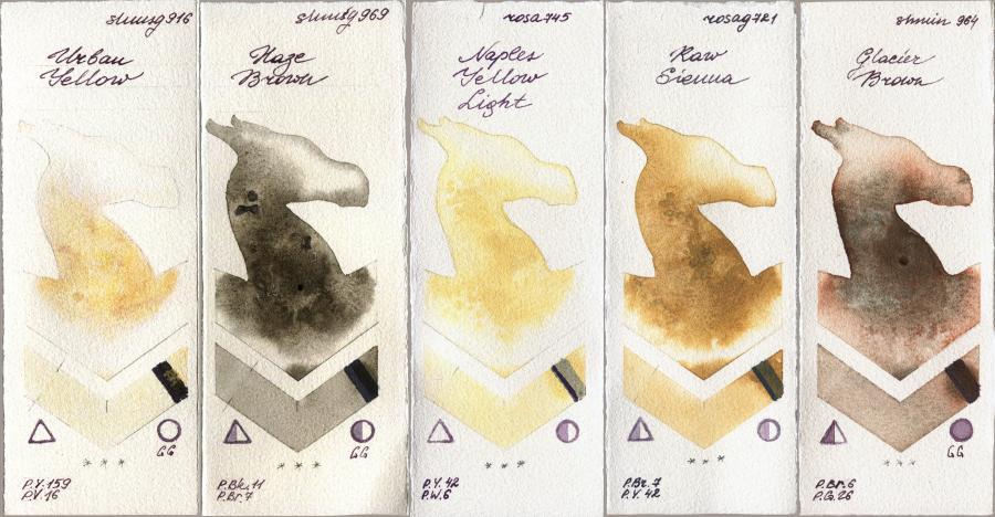 Shminke Horadam Aquarell 916 Urban Yellow vs 969 Haze Brown vs Rosa Gallery 745 Naples Yellow Light vs 721 Raw Sienna vs 964 Glacier Brown watercolor swatch
