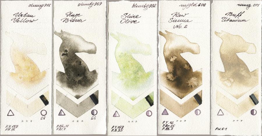 Shminke Horadam Aquarell 916 Urban Yellow vs 969 Haze Brown vs 932 Shire Olive vs Mijello Mission Gold 606 Raw Sienna No 2 vs Roman Szmal Aquarius 201 Buff Titanium watercolor swatch