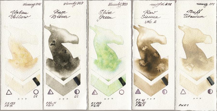 Shminke Horadam Aquarell 916 Urban Yellow vs 969 Haze Brown vs 933 Shire Green vs Mijello Mission Gold 606 Raw Sienna No 2 vs Roman Szmal Aquarius 201 Buff Titanium watercolor swatch