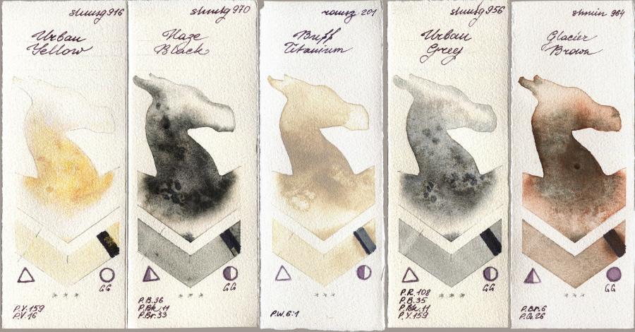 Shminke Horadam Aquarell 916 Urban Yellow vs 970 Haze Black vs Roman Szmal Aquarius 201 Buff Titanium vs 956 Urban Grey vs 964 Glacier Brown watercolor swatch