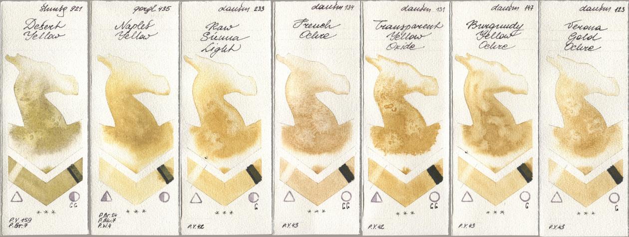 Shminke Horadam Aquarell 921 Desert Yellow, Golden QOR 435 Naples Yellow, Daniel Smith 233 Raw Sienna Light, 134 French Ochre, 131 Transparent Yellow Oxide, 147 Burgundy Yellow Ochre, 123 Verona Gold Och watercolor swatch