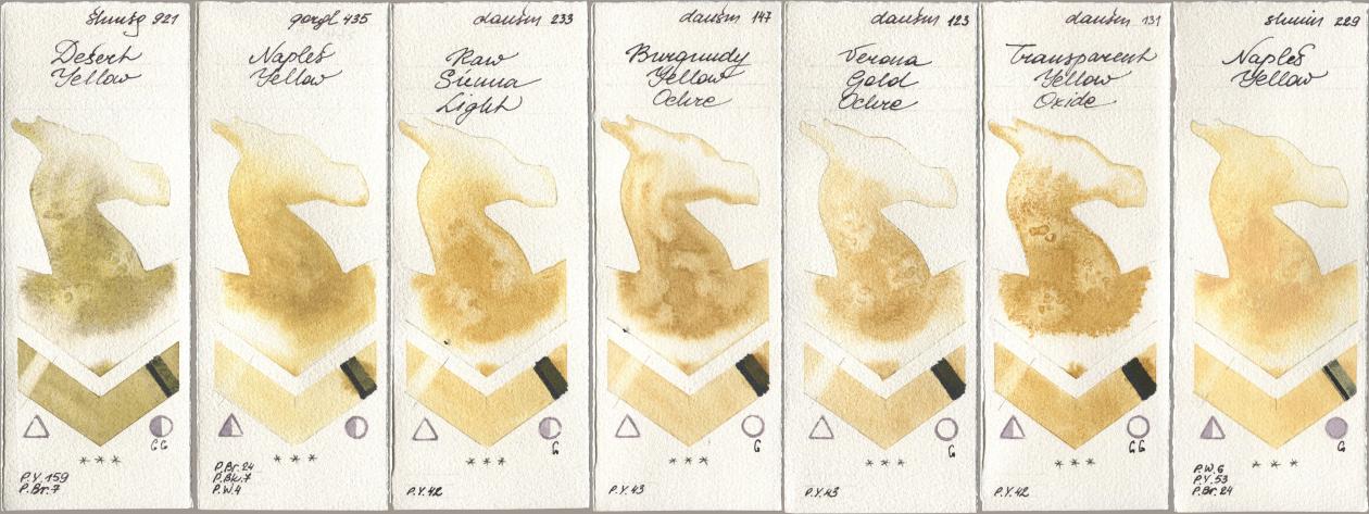 Shminke Horadam Aquarell 921 Desert Yellow, Golden QOR 435 Naples Yellow, Daniel Smith 233 Raw Sienna Light, 147 Burgundy Yellow Ochre, 123 Verona Gold Ochre, 131 Transparent Yellow Oxide, 229 Naples Yell watercolor swatch