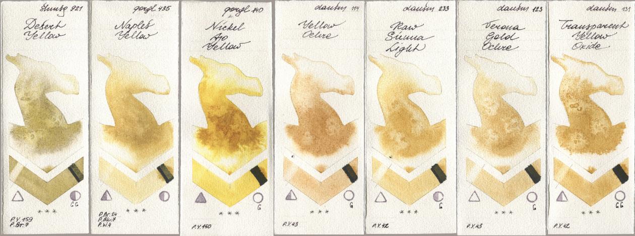 Shminke Horadam Aquarell 921 Desert Yellow, Golden QOR 435 Naples Yellow, 140 Nickel Azo Yellow, Daniel Smith 114 Yellow Ochre, 233 Raw Sienna Light, 123 Verona Gold Ochre, 131 Transparent Yellow Oxi watercolor swatch