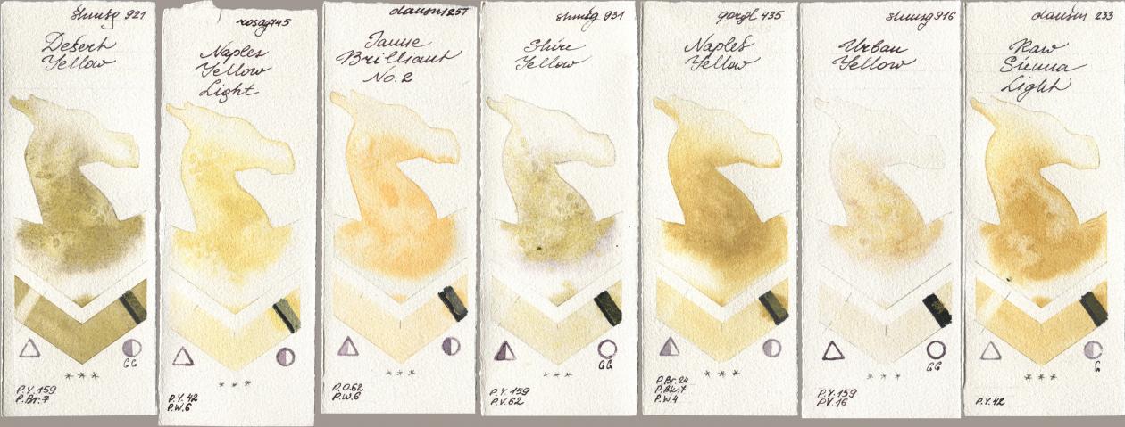 Shminke Horadam Aquarell 921 Desert Yellow, Rosa Gallery 745 Naples Yellow Light, Daniel Smith 257 Jaune Brilliant No 2, 931 Shire Yellow, Golden QOR 435 Naples Yellow, 916 Urban Yellow, 233 Raw Sienna Lig watercolor swatch
