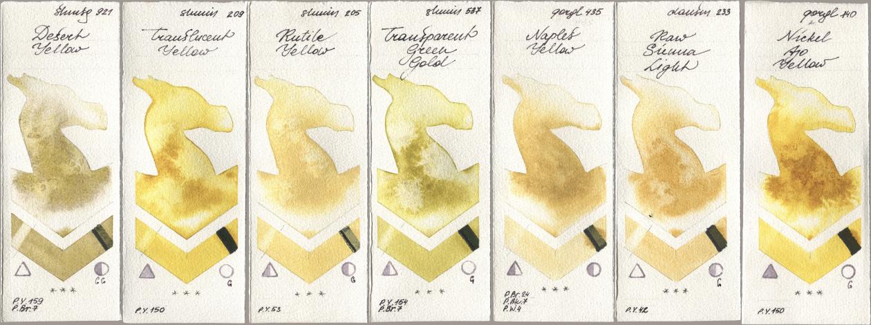Shminke Horadam Aquarell 921 Desert Yellow, 209 Translucent Yellow, 205 Rutile Yellow, 537 Transparent Green Gold, Golden QOR 435 Naples Yellow, Daniel Smith 233 Raw Sienna Light, 140 Nickel Azo Yell watercolor swatch