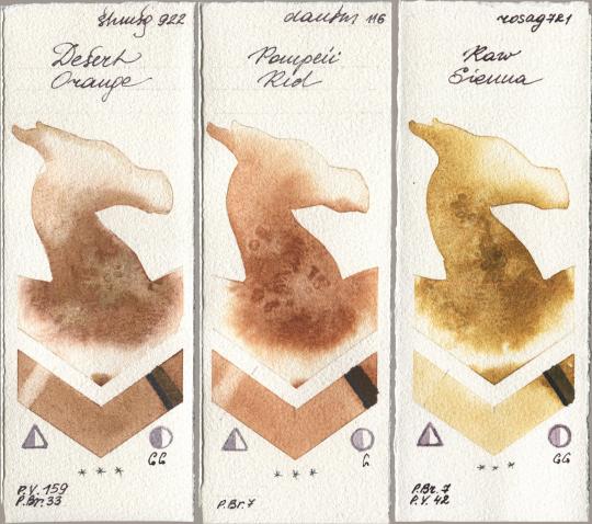 Shminke Horadam Aquarell 922 Desert Orange, Daniel Smith 116 Pompeii Red, Rosa Gallery 721 Raw Sien watercolor swatch