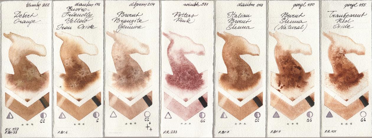 Shminke Horadam Aquarell 922 Desert Orange, Daniel Smith 176 Enviro-Friendly Yellow Iron Oxide, 204 Burnt Bronzite Genuine, Winsor & Newton Professional 537 Potters Pink, 047 Italian Burnt Sienna, Golden QOR 470 Burnt Sienna (Natural), 455 Transparent Red Oxi watercolor swatch