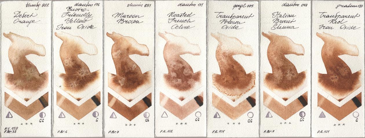 Shminke Horadam Aquarell 922 Desert Orange, Daniel Smith 176 Enviro-Friendly Yellow Iron Oxide, 651 Maroon Brown, 171 Roasted French Ochre, Golden QOR 475 Transparent Brown Oxide, 047 Italian Burnt Sienna, M. Graham & Co. Artists 187 Transparent Red Iron Oxi watercolor swatch