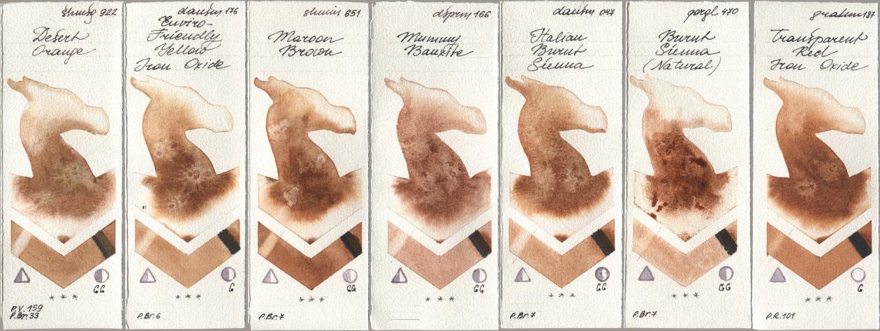 Shminke Horadam Aquarell 922 Desert Orange, Daniel Smith 176 Enviro-Friendly Yellow Iron Oxide, 651 Maroon Brown, 166 Mummy Bauxite, 047 Italian Burnt Sienna, Golden QOR 470 Burnt Sienna (Natural), M. Graham & Co. Artists 187 Transparent Red Iron Oxi watercolor swatch