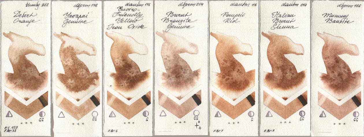 Shminke Horadam Aquarell 922 Desert Orange, Daniel Smith 146 Yavapai Genuine, 176 Enviro-Friendly Yellow Iron Oxide, 204 Burnt Bronzite Genuine, 116 Pompeii Red, 047 Italian Burnt Sienna, 166 Mummy Bauxi watercolor swatch