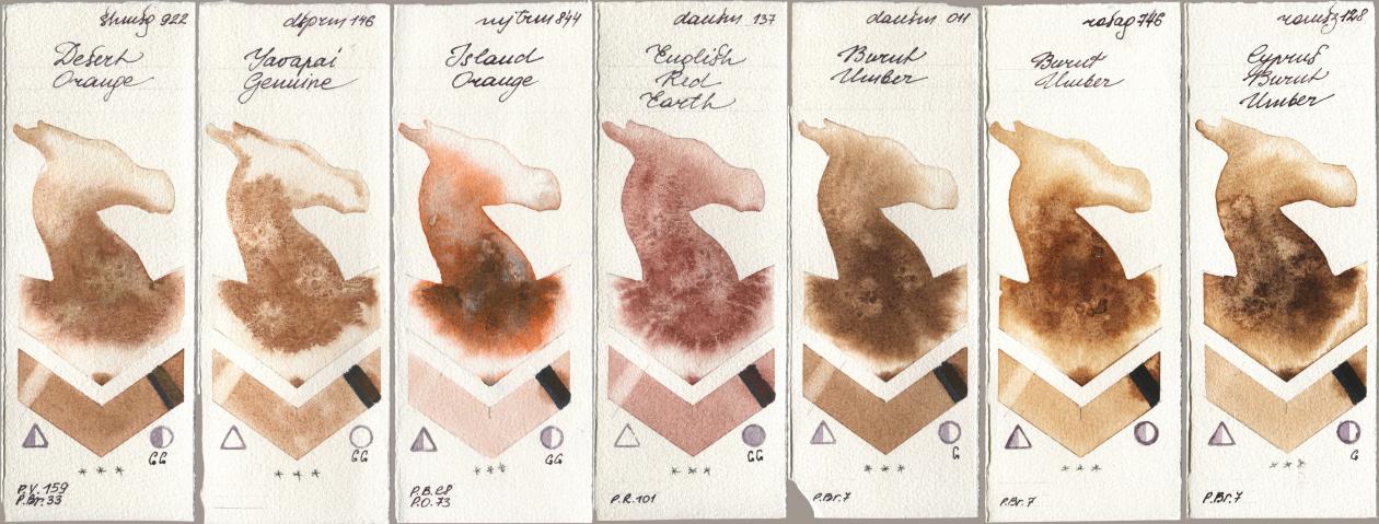 Shminke Horadam Aquarell 922 Desert Orange, Daniel Smith 146 Yavapai Genuine, Mijello Mission Gold 844 Island Orange, 137 English Red Earth, 011 Burnt Umber, Rosa Gallery 746 Burnt Umber, Roman Szmal Aquarius 128 Cyprus Burnt Umb watercolor swatch