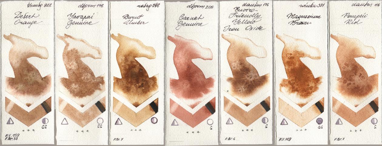 Shminke Horadam Aquarell 922 Desert Orange, Daniel Smith 146 Yavapai Genuine, Rosa Gallery 746 Burnt Umber, 205 Garnet Genuine, 176 Enviro-Friendly Yellow Iron Oxide, Winsor & Newton Professional 381 Magnesuim Brown, 116 Pompeii R watercolor swatch
