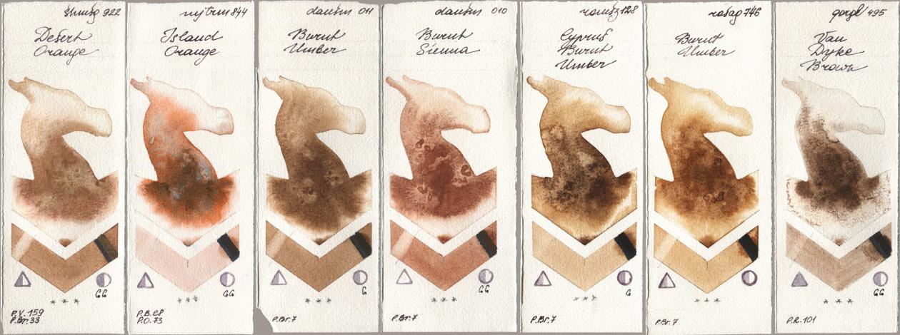 Shminke Horadam Aquarell 922 Desert Orange, Mijello Mission Gold 844 Island Orange, Daniel Smith 011 Burnt Umber, 010 Burnt Sienna, Roman Szmal Aquarius 128 Cyprus Burnt Umber, Rosa Gallery 746 Burnt Umber, Golden QOR 495 Van Dyke Bro watercolor swatch