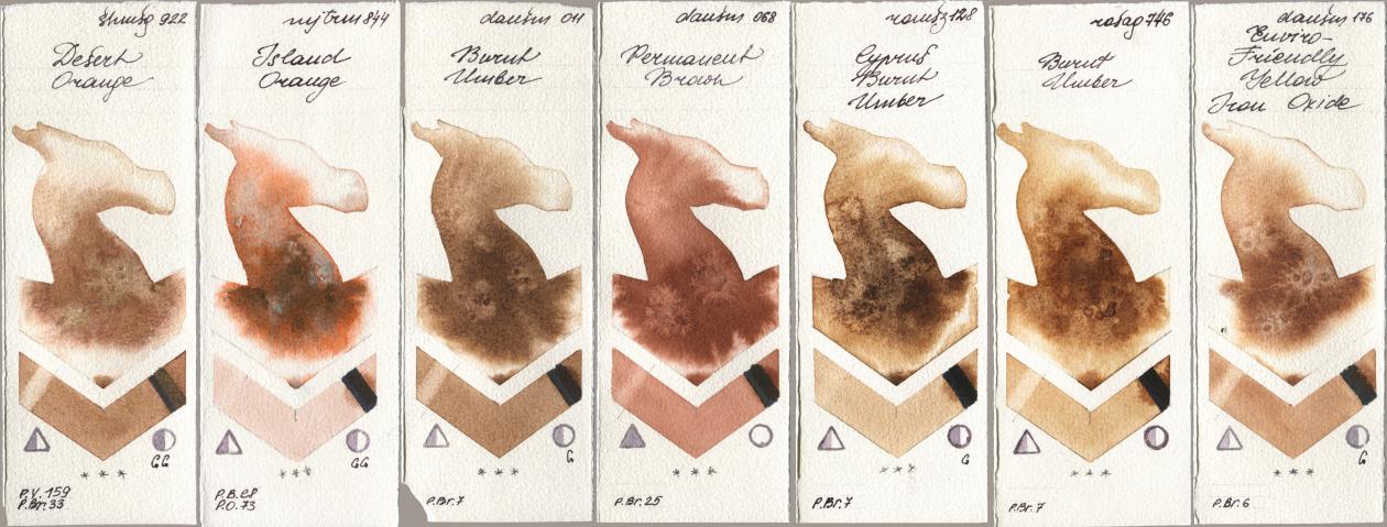 Shminke Horadam Aquarell 922 Desert Orange, Mijello Mission Gold 844 Island Orange, Daniel Smith 011 Burnt Umber, 068 Permanent Brown, Roman Szmal Aquarius 128 Cyprus Burnt Umber, Rosa Gallery 746 Burnt Umber, 176 Enviro-Friendly Yellow Iron Oxi watercolor swatch