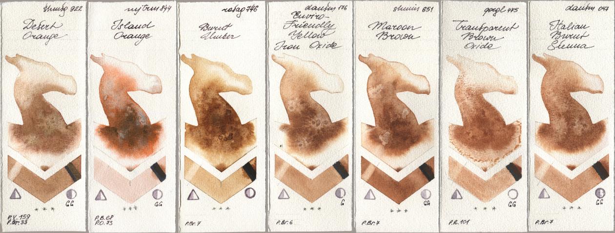 Shminke Horadam Aquarell 922 Desert Orange, Mijello Mission Gold 844 Island Orange, Rosa Gallery 746 Burnt Umber, Daniel Smith 176 Enviro-Friendly Yellow Iron Oxide, 651 Maroon Brown, Golden QOR 475 Transparent Brown Oxide, 047 Italian Burnt Sien watercolor swatch