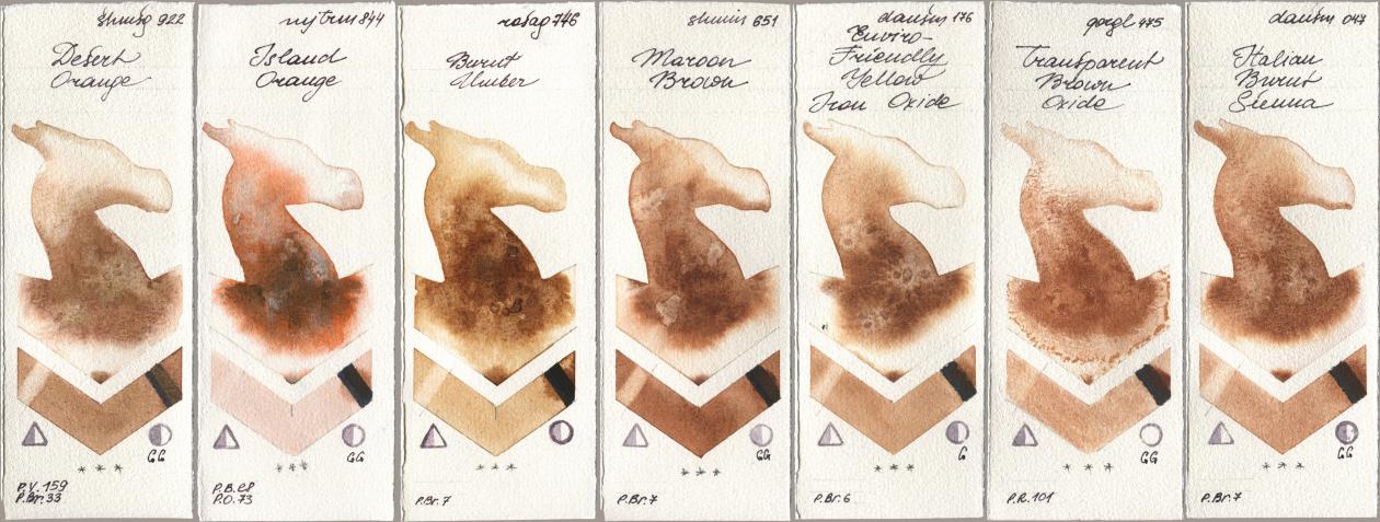Shminke Horadam Aquarell 922 Desert Orange, Mijello Mission Gold 844 Island Orange, Rosa Gallery 746 Burnt Umber, 651 Maroon Brown, Daniel Smith 176 Enviro-Friendly Yellow Iron Oxide, Golden QOR 475 Transparent Brown Oxide, 047 Italian Burnt Sien watercolor swatch