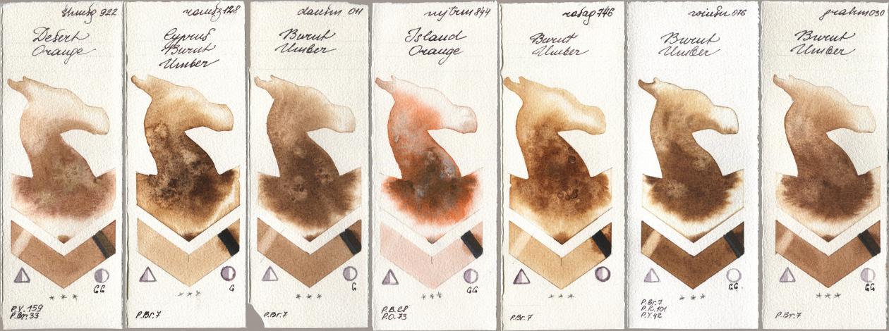 Shminke Horadam Aquarell 922 Desert Orange, Roman Szmal Aquarius 128 Cyprus Burnt Umber, Daniel Smith 011 Burnt Umber, Mijello Mission Gold 844 Island Orange, Rosa Gallery 746 Burnt Umber, Winsor & Newton Professional 076 Burnt Umber, M. Graham & Co. Artists 030 Burnt Umb watercolor swatch
