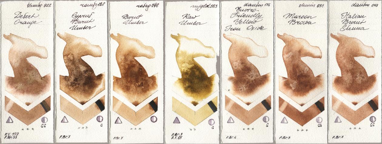 Shminke Horadam Aquarell 922 Desert Orange, Roman Szmal Aquarius 128 Cyprus Burnt Umber, Rosa Gallery 746 Burnt Umber, Mijello Mission Gold 563 Raw Umber, Daniel Smith 176 Enviro-Friendly Yellow Iron Oxide, 651 Maroon Brown, 047 Italian Burnt Sien watercolor swatch