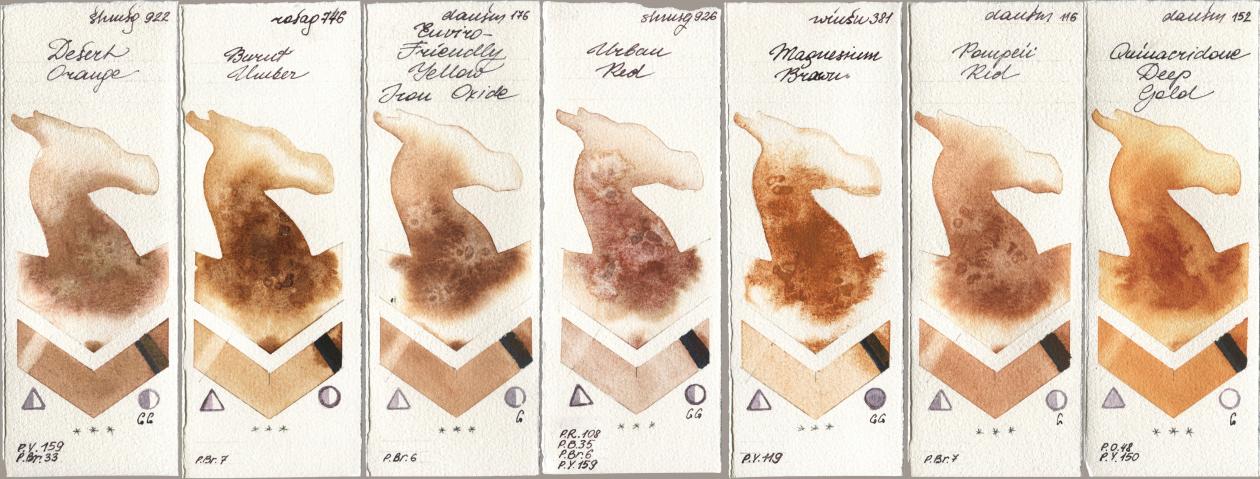 Shminke Horadam Aquarell 922 Desert Orange, Rosa Gallery 746 Burnt Umber, Daniel Smith 176 Enviro-Friendly Yellow Iron Oxide, 926 Urban Red, Winsor & Newton Professional 381 Magnesuim Brown, 116 Pompeii Red, 152 Quinacridone Deep Go watercolor swatch