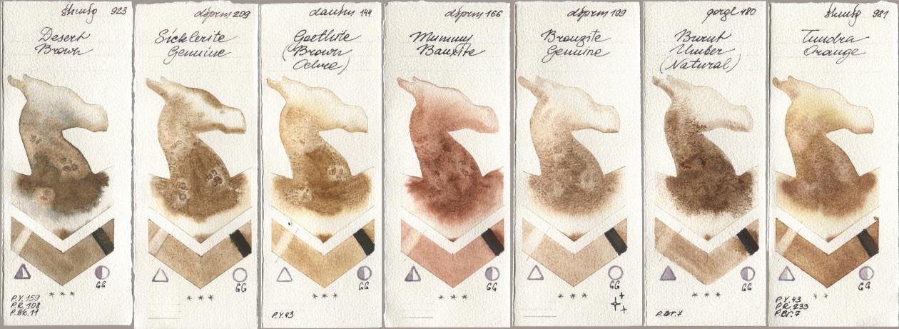 Shminke Horadam Aquarell 923 Desert Brown, Daniel Smith 209 Sicklerite Genuine, 144 Goethite (Brown Ochre), 166 Mummy Bauxite, 199 Bronzite Genuine, Golden QOR 480 Burnt Umber (Natural), 981 Tundra Oran watercolor swatch