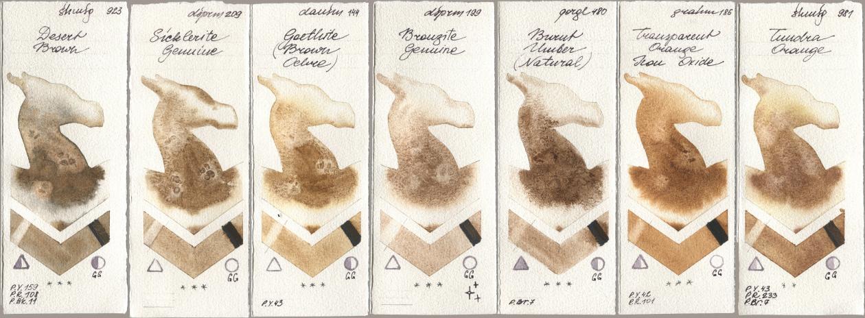 Shminke Horadam Aquarell 923 Desert Brown, Daniel Smith 209 Sicklerite Genuine, 144 Goethite (Brown Ochre), 199 Bronzite Genuine, Golden QOR 480 Burnt Umber (Natural), M. Graham & Co. Artists 186 Transparent Orange Iron Oxide, 981 Tundra Oran watercolor swatch