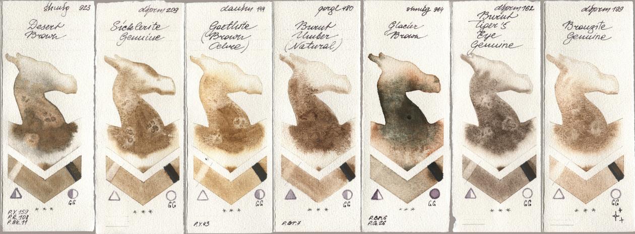 Shminke Horadam Aquarell 923 Desert Brown, Daniel Smith 209 Sicklerite Genuine, 144 Goethite (Brown Ochre), Golden QOR 480 Burnt Umber (Natural), 964 Glacier Brown, 162 Burnt Tigers Eye Genuine, 199 Bronzite Genui watercolor swatch