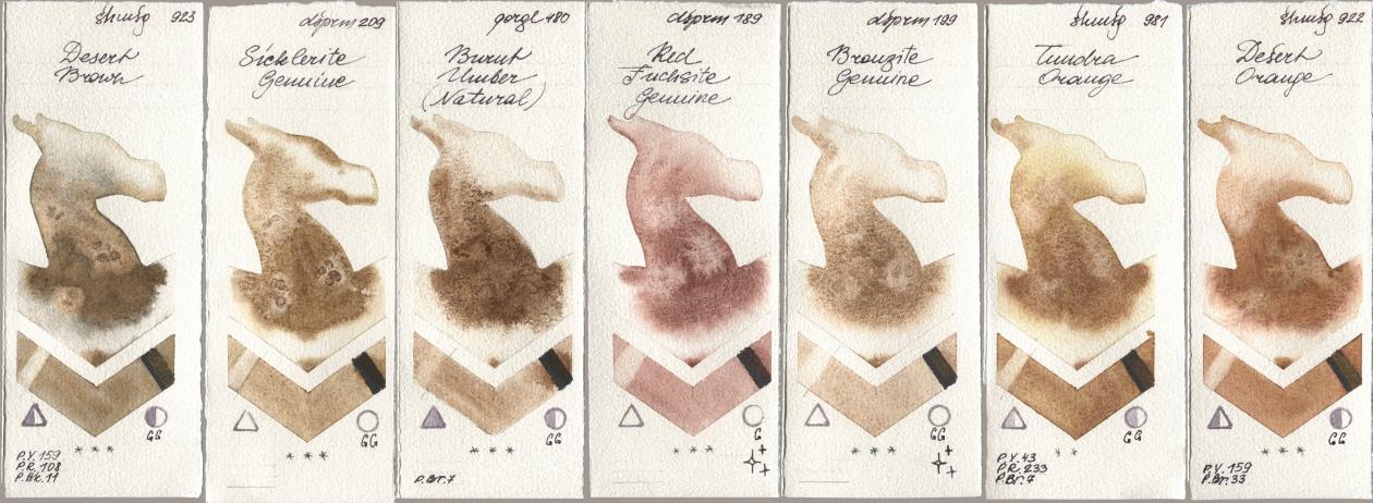 Shminke Horadam Aquarell 923 Desert Brown, Daniel Smith 209 Sicklerite Genuine, Golden QOR 480 Burnt Umber (Natural), 189 Red Fuchsite Genuine, 199 Bronzite Genuine, 981 Tundra Orange, 922 Desert Oran watercolor swatch