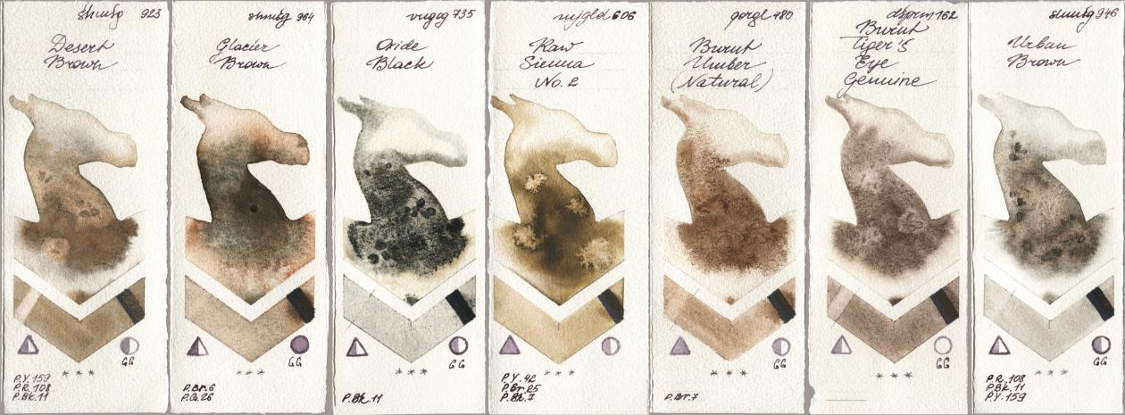 Shminke Horadam Aquarell 923 Desert Brown, 964 Glacier Brown, Royal Talens Van Gogh Watercolour 735 Oxide Black, Mijello Mission Gold 606 Raw Sienna No 2, Golden QOR 480 Burnt Umber (Natural), Daniel Smith 162 Burnt Tigers Eye Genuine, 946 Urban Bro watercolor swatch