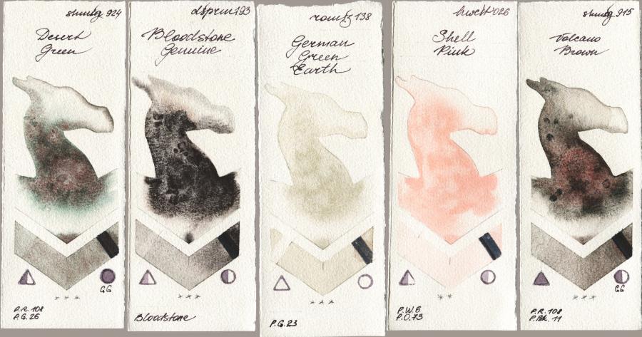 Shminke Horadam Aquarell 924 Desert Green vs Daniel Smith 193 Bloodstone Genuine vs Roman Szmal Aquarius 138 German Green Earth vs Holbein Artists Watercolor 026 Shell Pink vs 915 Volcano Brown watercolor swatch