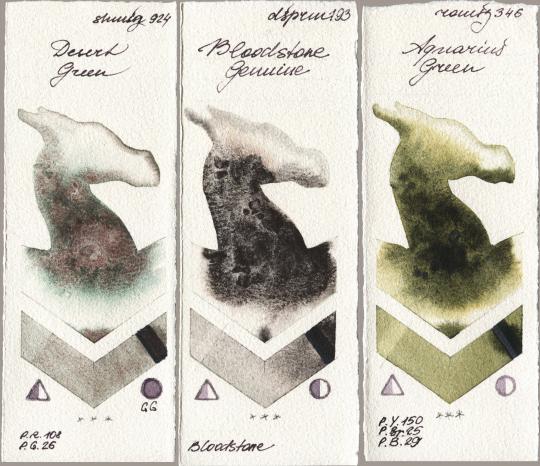 Shminke Horadam Aquarell 924 Desert Green vs Daniel Smith 193 Bloodstone Genuine vs Roman Szmal Aquarius 346 Aquarius Green watercolor swatch