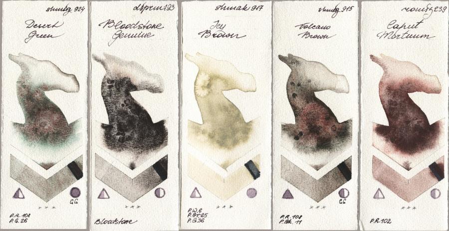 Shminke Horadam Aquarell 924 Desert Green vs Daniel Smith 193 Bloodstone Genuine vs Shminke Akademie Aquarell 917 Icy Brown vs 915 Volcano Brown vs Roman Szmal Aquarius 239 Caput Mortuum watercolor swatch