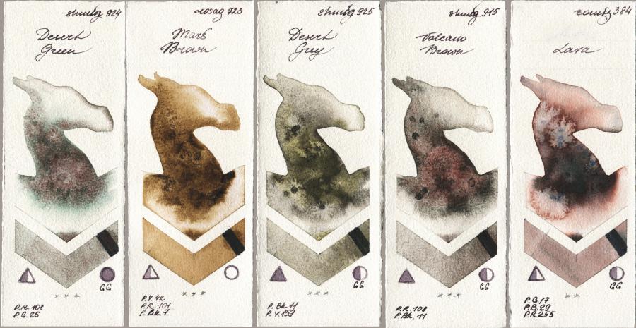 Shminke Horadam Aquarell 924 Desert Green vs Rosa Gallery 723 Mars Brown vs 925 Desert Grey vs 915 Volcano Brown vs Roman Szmal Aquarius 384 Lava watercolor swatch