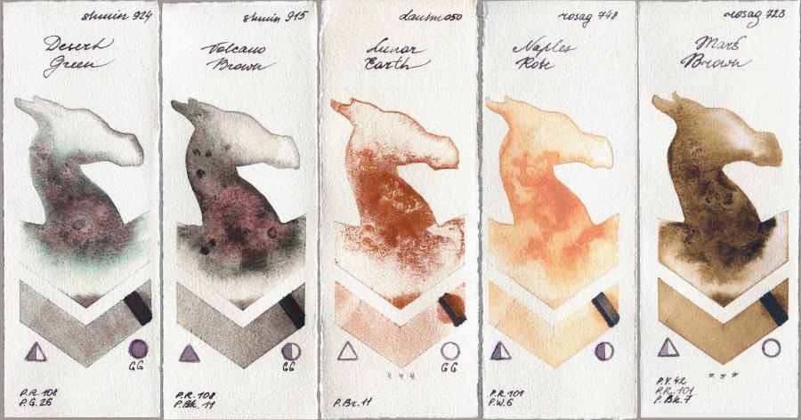 Shminke Horadam Aquarell 924 Desert Green vs 915 Volcano Brown vs Daniel Smith 050 Lunar Earth vs Rosa Gallery 748 Naples Rose vs 723 Mars Brown watercolor swatch