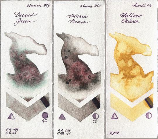 Shminke Horadam Aquarell 924 Desert Green vs 915 Volcano Brown vs Kuretake Gansai Tambi 44 Yellow Ochre watercolor swatch