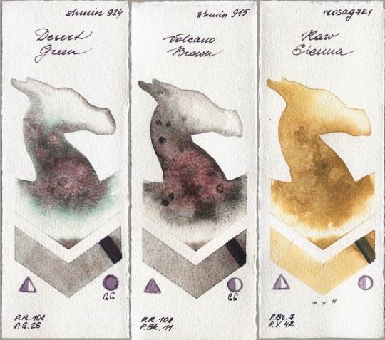 Shminke Horadam Aquarell 924 Desert Green vs 915 Volcano Brown vs Rosa Gallery 721 Raw Sienna watercolor swatch