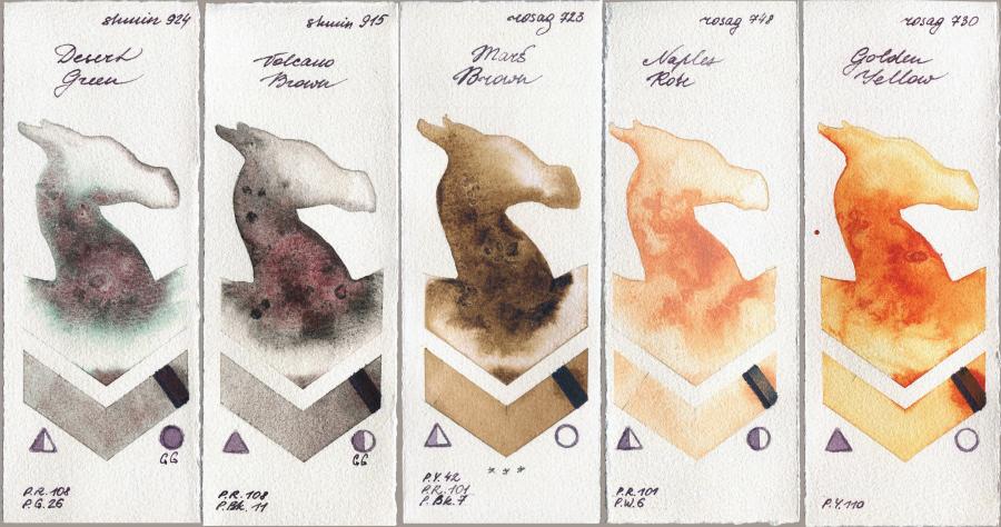 Shminke Horadam Aquarell 924 Desert Green vs 915 Volcano Brown vs Rosa Gallery 723 Mars Brown vs 748 Naples Rose vs 730 Golden Yellow watercolor swatch