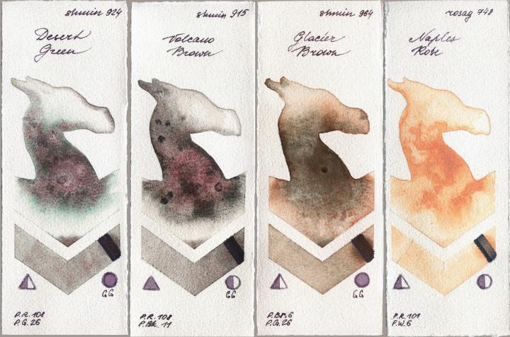 Shminke Horadam Aquarell 924 Desert Green vs 915 Volcano Brown vs 964 Glacier Brown vs Rosa Gallery 748 Naples Rose watercolor swatch