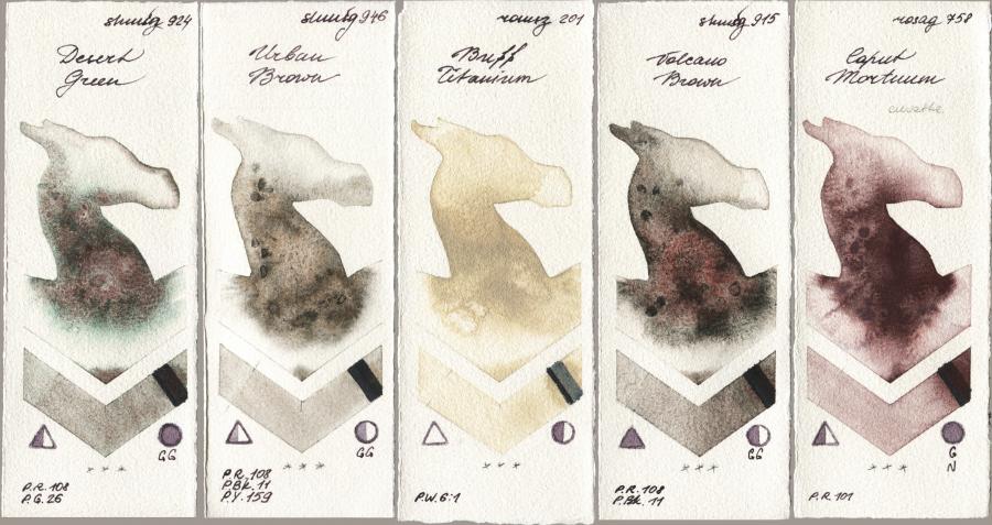 Shminke Horadam Aquarell 924 Desert Green vs 946 Urban Brown vs Roman Szmal Aquarius 201 Buff Titanium vs 915 Volcano Brown vs Rosa Gallery 758 Caput Mortuum watercolor swatch