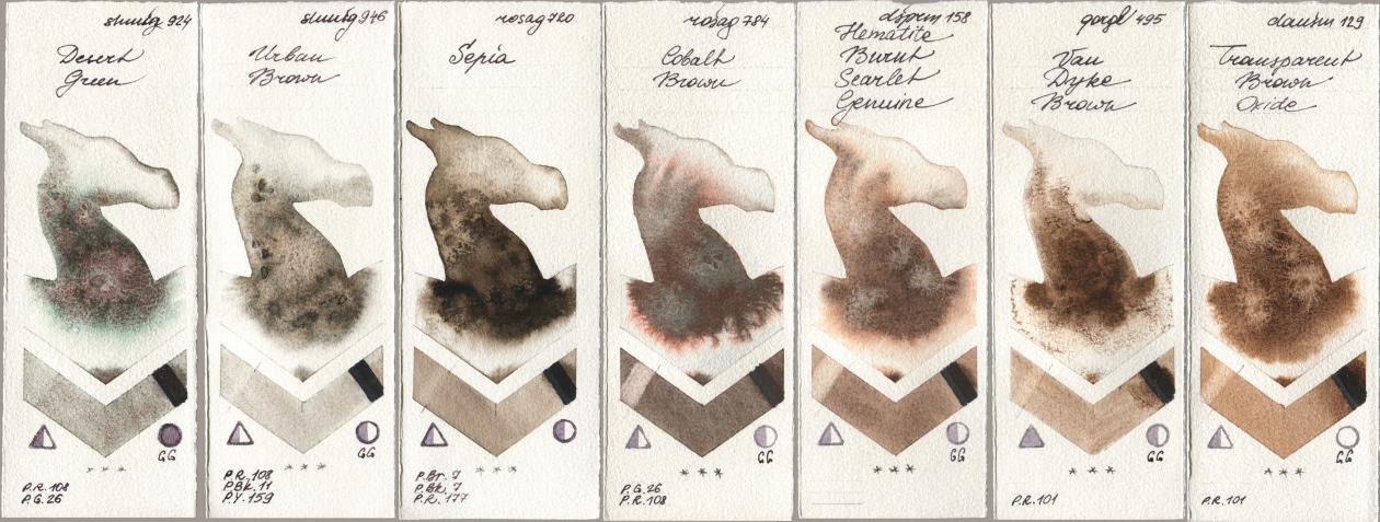 Shminke Horadam Aquarell 924 Desert Green, 946 Urban Brown, Rosa Gallery 720 Sepia, 784 Cobalt Brown, Daniel Smith 158 Hematite Burnt Scarlet Genuine, Golden QOR 495 Van Dyke Brown, 129 Transparent Brown Oxi watercolor swatch