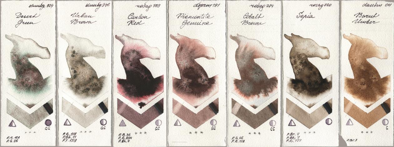 Shminke Horadam Aquarell 924 Desert Green, 946 Urban Brown, Rosa Gallery 769 Carbon Red, Daniel Smith 191 Piemontite Genuine, 784 Cobalt Brown, 720 Sepia, 011 Burnt Umb watercolor swatch