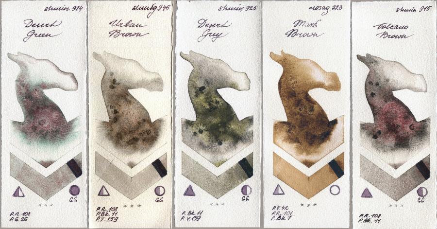 Shminke Horadam Aquarell 924 Desert Green vs 946 Urban Brown vs 925 Desert Grey vs Rosa Gallery 723 Mars Brown vs 915 Volcano Brown watercolor swatch