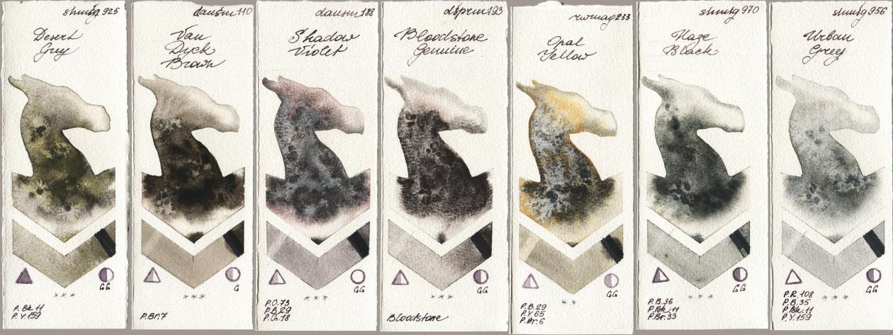 Shminke Horadam Aquarell 925 Desert Grey, Daniel Smith 110 Van Dyck Brown, 188 Shadow Violet, 193 Bloodstone Genuine, Rockwell 233 Opal Yellow, 970 Haze Black, 956 Urban Gr watercolor swatch