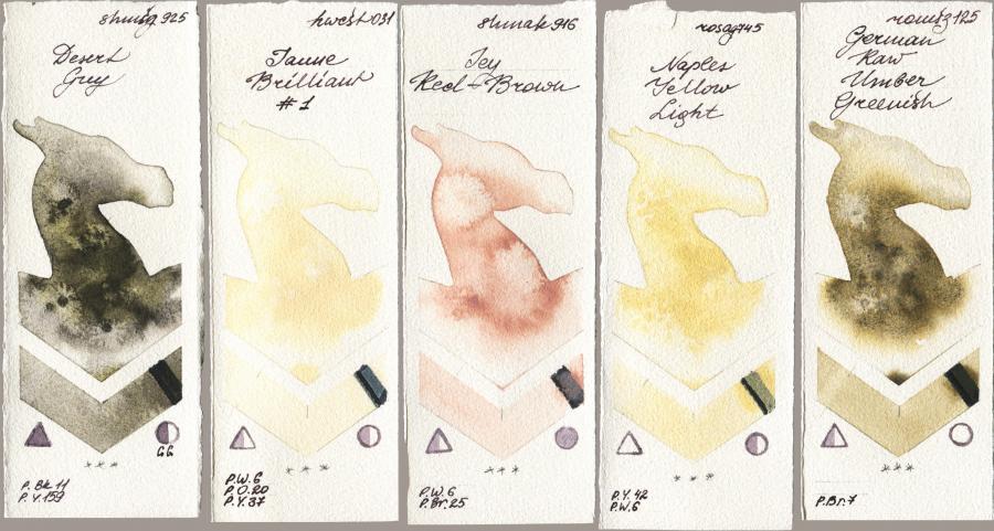 Shminke Horadam Aquarell 925 Desert Grey vs Holbein Artists Watercolor 031 Jaune Brilliant No 1 vs Shminke Akademie Aquarell 916 Icy Red-Brown vs Rosa Gallery 745 Naples Yellow Light vs Roman Szmal Aquarius 125 German Raw Umber Greenish watercolor swatch