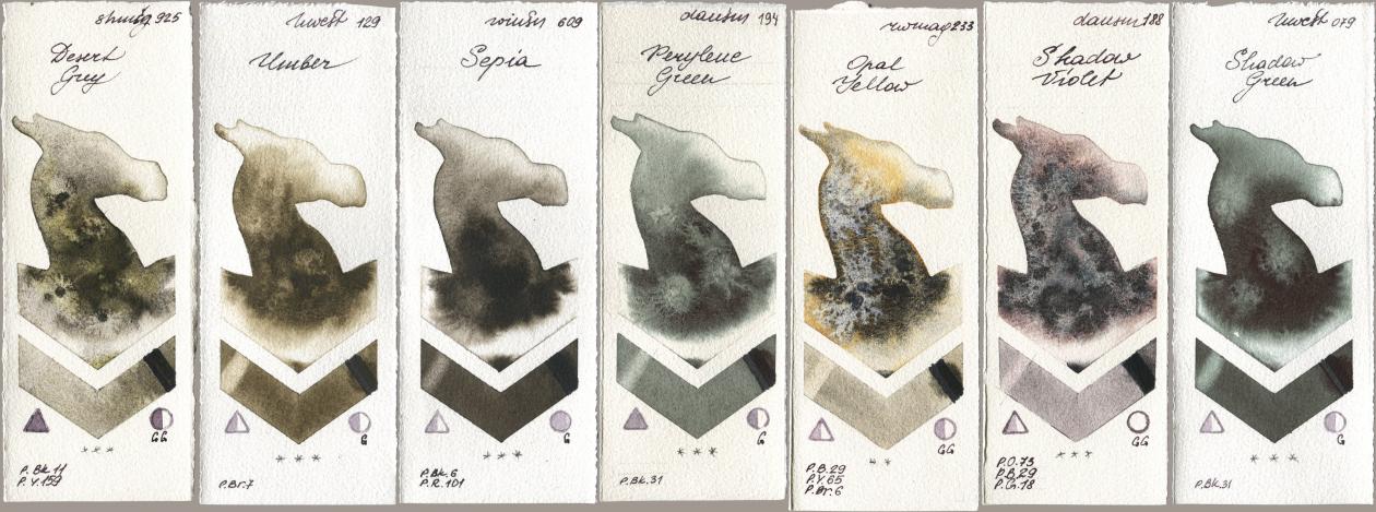 Shminke Horadam Aquarell 925 Desert Grey, Holbein Artists Watercolor 129 Umber, Winsor & Newton Professional 609 Sepia, Daniel Smith 194 Perylene Green, Rockwell 233 Opal Yellow, 188 Shadow Violet, 079 Shadow Gre watercolor swatch